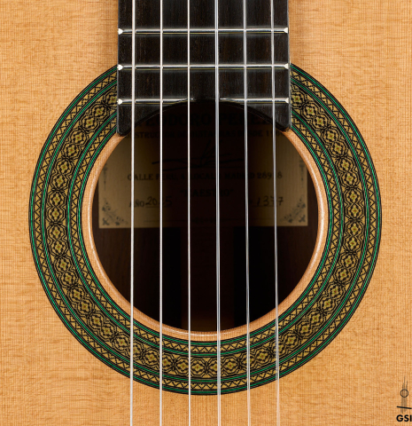 The rosette of a 2025 Teodoro Perez "Maestro" classical guitar made of cedar and African rosewood