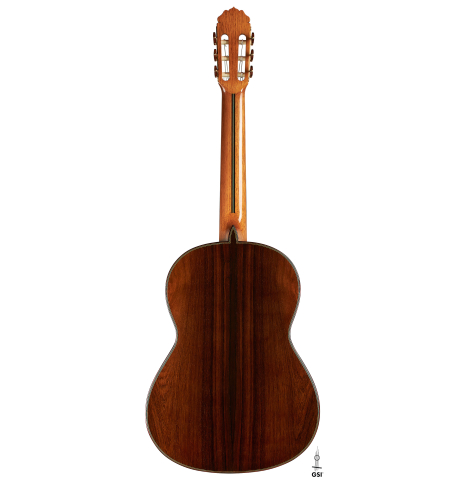 The back of a 2024 Teodoro Perez "Maestro" classical guitar made of spruce and African rosewood