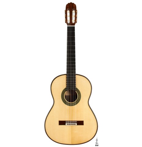 The front of a 2024 Teodoro Perez "Maestro" classical guitar made of spruce and African rosewood