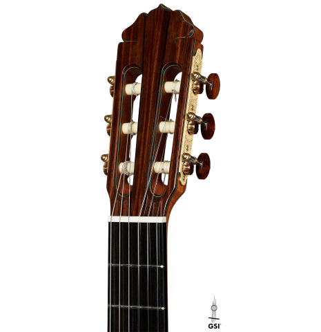 The headstock of a 2024 Teodoro Perez "Maestro" classical guitar made of spruce and African rosewood