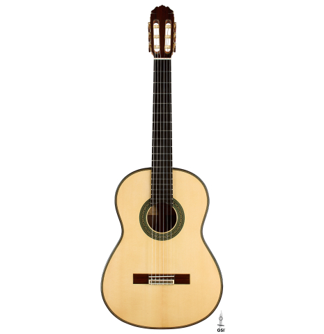 The front of a 2025 Teodoro Perez "Maestro" classical guitar made of spruce and African rosewood