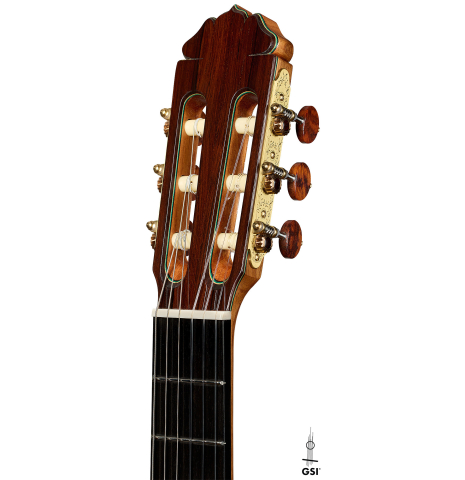The headstock of a 2025 Teodoro Perez "Maestro" classical guitar made of spruce and African rosewood