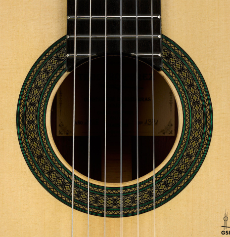 The rosette of a 2025 Teodoro Perez "Maestro" classical guitar made of spruce and African rosewood