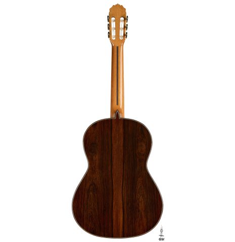 The back of a 2025 Teodoro Perez "Concierto" classical guitar made of spruce and African rosewood