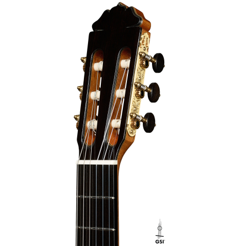 The headstock of a 2025 Teodoro Perez "Concierto" classical guitar made of spruce and African rosewood