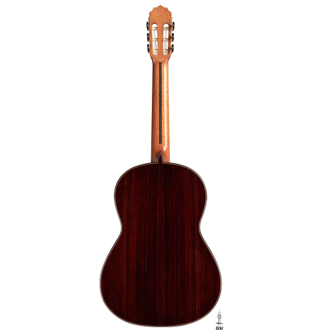 The back of a 2023 Teodoro Perez &quot;Concierto&quot; classical guitar made of cedar and Indian rosewood.
