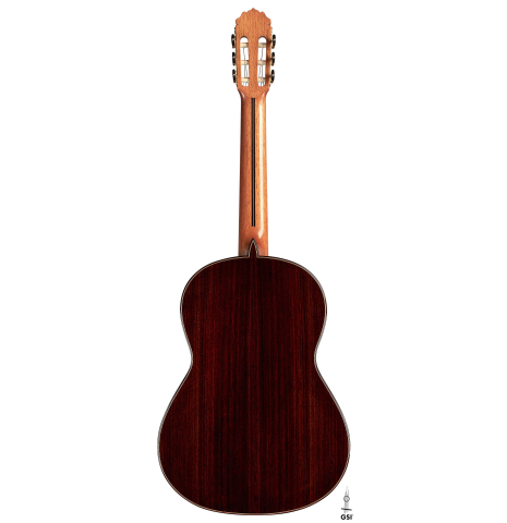 The back of a 2023 Teodoro Perez "Concierto" classical guitar made of cedar and Indian rosewood.