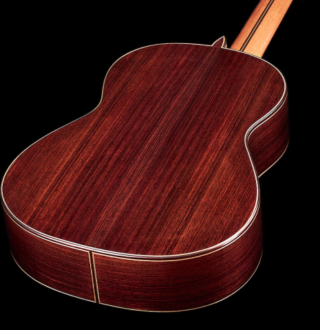 The back of a 2023 Teodoro Perez &quot;Concierto&quot; classical guitar made of cedar and Indian rosewood.