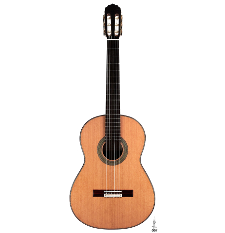 The front of a 2023 Teodoro Perez &quot;Concierto&quot; classical guitar made of cedar and Indian rosewood.