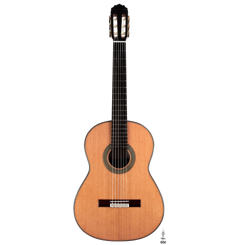 The front of a 2023 Teodoro Perez "Concierto" classical guitar made of cedar and Indian rosewood.