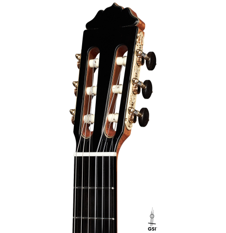 The headstock of a 2023 Teodoro Perez "Concierto" classical guitar made of cedar and Indian rosewood.