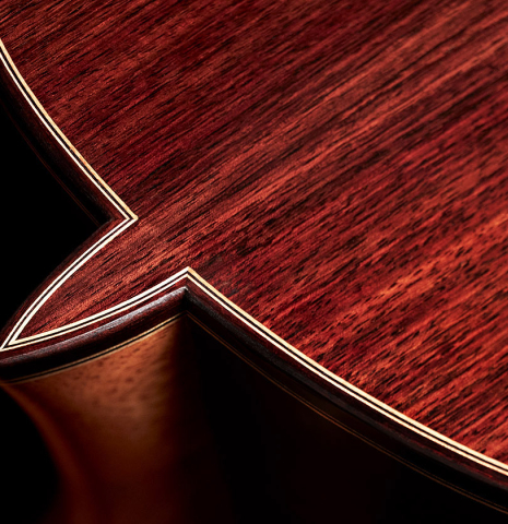 The heel of a 2023 Teodoro Perez &quot;Concierto&quot; classical guitar made of cedar and Indian rosewood.