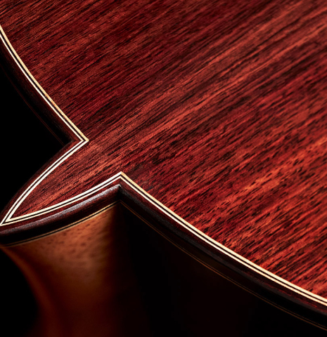 The heel of a 2023 Teodoro Perez "Concierto" classical guitar made of cedar and Indian rosewood.