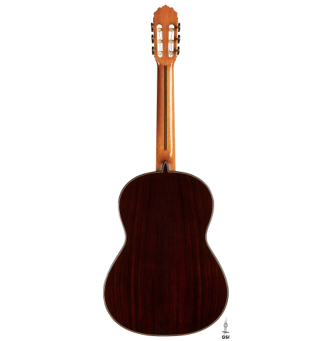 The back of a 2024 Teodoro Perez "Concierto" classical guitar made of cedar and Indian rosewood.