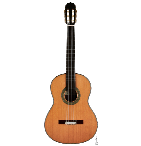 The front of a 2024 Teodoro Perez "Concierto" classical guitar made of cedar and Indian rosewood.
