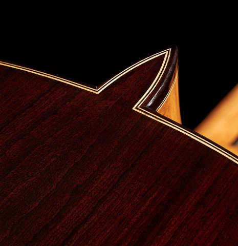 The back, heel and purfling of a 2024 Teodoro Perez "Concierto" classical guitar made of cedar and Indian rosewood.