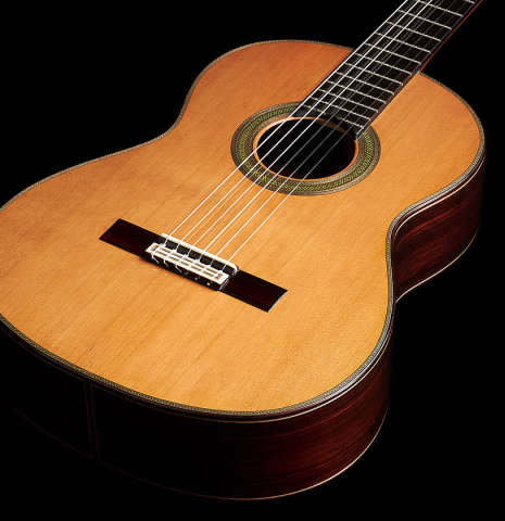 The top and sides of a 2024 Teodoro Perez "Concierto" classical guitar made of cedar and Indian rosewood.