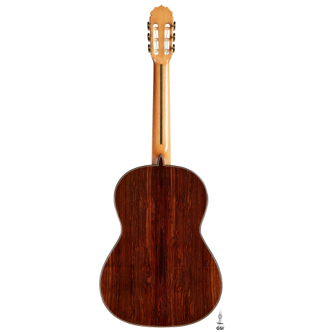 The back of a 2024 Teodoro Perez "Concierto" classical guitar made of cedar and Indian rosewood.
