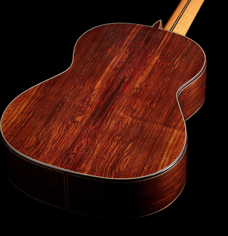 The back and sides of a 2024 Teodoro Perez "Concierto" classical guitar made of cedar and Indian rosewood.