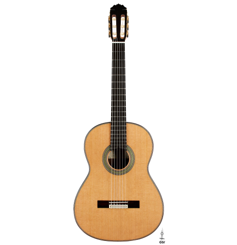 The front of a 2024 Teodoro Perez "Concierto" classical guitar made of cedar and Indian rosewood.