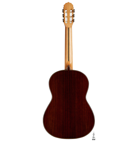 The back of a 2025 Teodoro Perez "Concierto" classical guitar made of cedar and Indian rosewood.