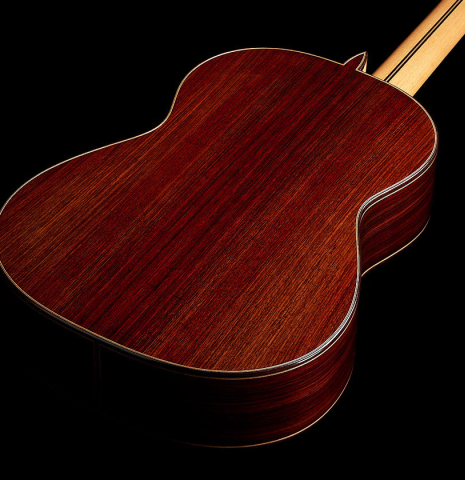 The back and sides of a 2025 Teodoro Perez "Concierto" classical guitar made of cedar and Indian rosewood.