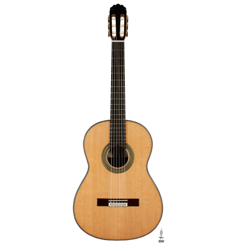 The front of a 2025 Teodoro Perez "Concierto" classical guitar made of cedar and Indian rosewood.