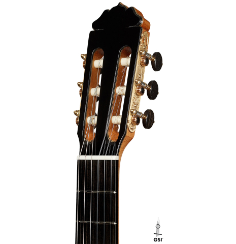 The headstock of a 2025 Teodoro Perez "Concierto" classical guitar made of cedar and Indian rosewood.