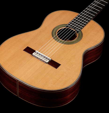 The soundboard of a 2025 Teodoro Perez "Concierto" classical guitar made of cedar and Indian rosewood.
