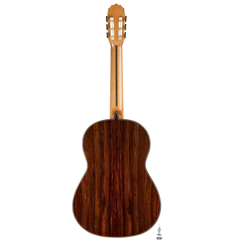 The back of a 2026 Teodoro Perez "Concierto" classical guitar made of cedar and Indian rosewood