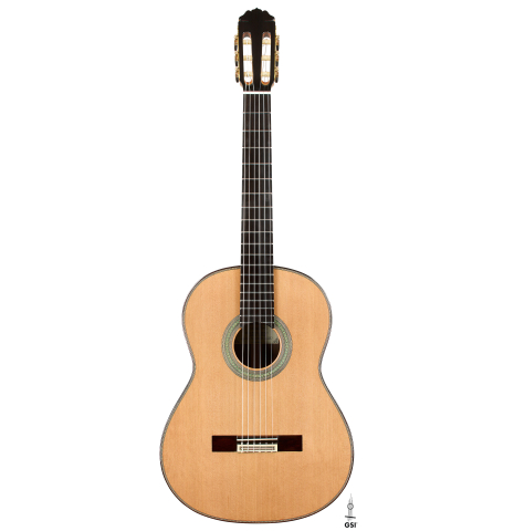 The front of a 2026 Teodoro Perez "Concierto" classical guitar made of cedar and Indian rosewood