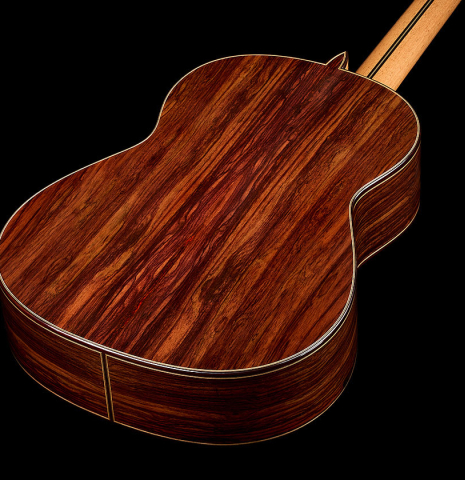 The back and sides of a 2026 Teodoro Perez "Concierto" classical guitar made of cedar and Indian rosewood