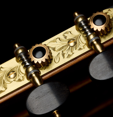 The headstock and tuning machines of a 2026 Teodoro Perez "Concierto" classical guitar made of cedar and Indian rosewood