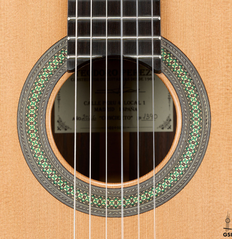 The rosette of a 2026 Teodoro Perez "Concierto" classical guitar made of cedar and Indian rosewood