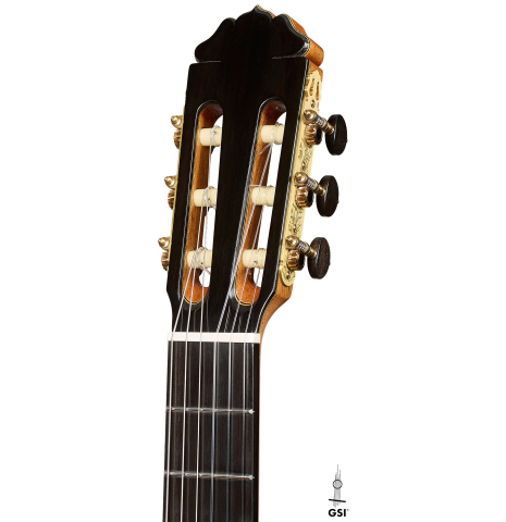 The headstock of a 2026 Teodoro Perez "Concierto" classical guitar made of cedar and Indian rosewood