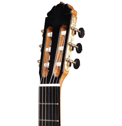 The headstock of a 2015 Teodoro Perez "Concierto" classical guitar made of spruce and Indian rosewood