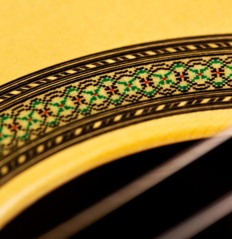 Detailed closeup of the rosette of a 2015 Teodoro Perez "Concierto" classical guitar made of spruce and Indian rosewood