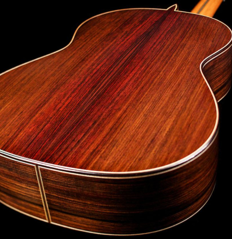 The back and sides of a 2015 Teodoro Perez "Concierto" classical guitar made of spruce and Indian rosewood