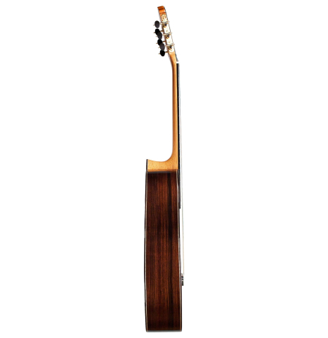 The side of a 2015 Teodoro Perez "Concierto" classical guitar made of spruce and Indian rosewood