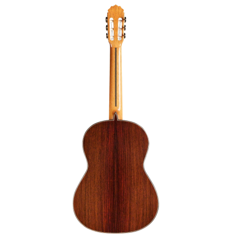 The back of a 2015 Teodoro Perez "Concierto" classical guitar made of spruce and Indian rosewood