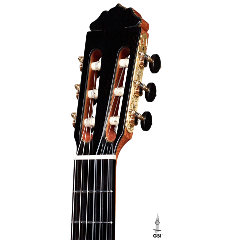 The headstock of a 2022 Teodoro Perez &quot;Concierto&quot; classical guitar made with spruce and Indian rosewood