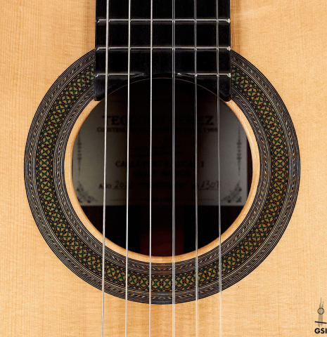 The rosette of a 2022 Teodoro Perez &quot;Concierto&quot; classical guitar made with spruce and Indian rosewood