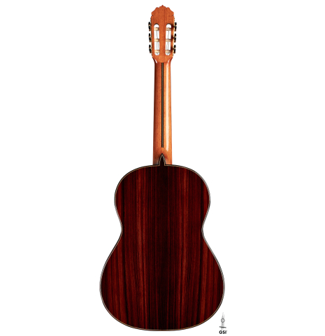 The back of a 2022 Teodoro Perez &quot;Concierto&quot; classical guitar made with spruce and Indian rosewood