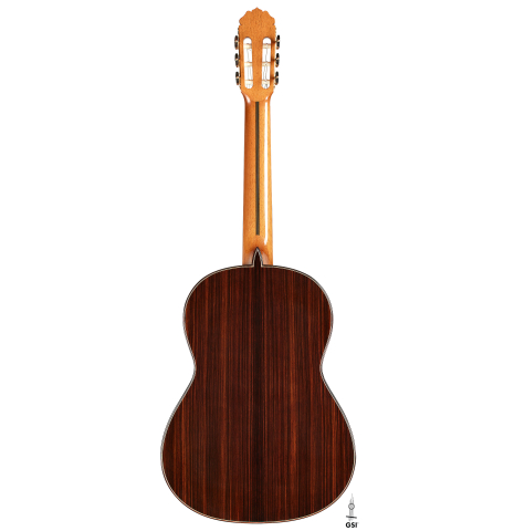 The back of a 2024 Teodoro Perez "Concierto" classical guitar made of spruce and Indian rosewood