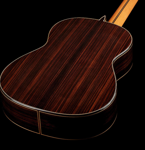 The back and sides of a 2024 Teodoro Perez "Concierto" classical guitar made of spruce and Indian rosewood