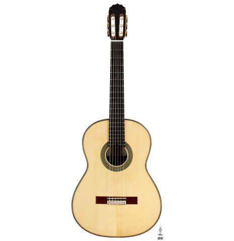 The front of a 2024 Teodoro Perez "Concierto" classical guitar made of spruce and Indian rosewood