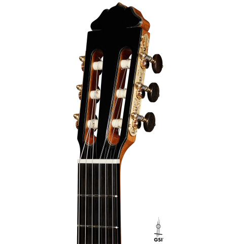 The headstock of a 2024 Teodoro Perez "Concierto" classical guitar made of spruce and Indian rosewood