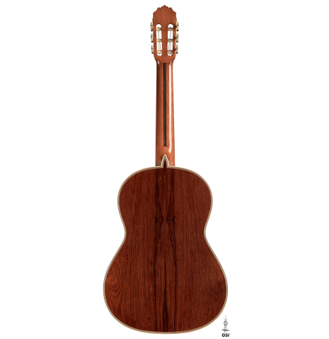 The back of a 2023 Teodoro Perez "Epecial" classical guitar made of spruce and African rosewood on a white background.