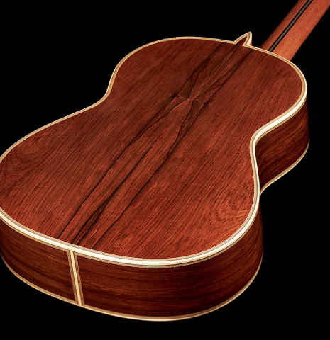 The back and sides of a 2023 Teodoro Perez "Epecial" classical guitar made of spruce and African rosewood.