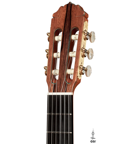 The headstock of a 2023 Teodoro Perez "Epecial" classical guitar made of spruce and African rosewood on a white background.